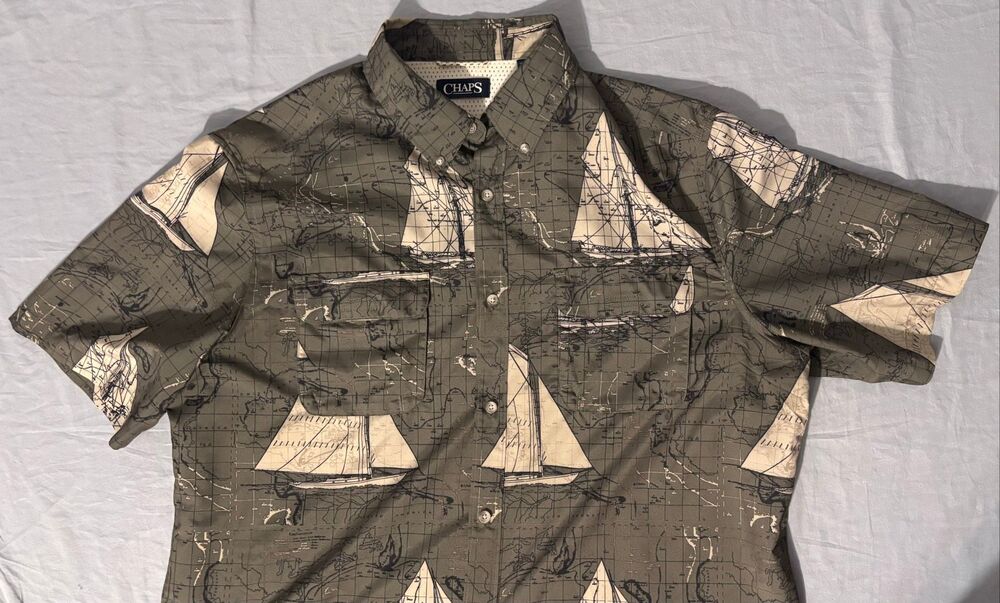 CHAPS Nautical Boat Short Sleeve Button Down Shirt Green XL